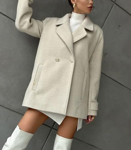 Women's Herringbone Double Breasted Wool Coat Notched Lapel Work Casual Wool Blend Trench Pea Coat Jacket