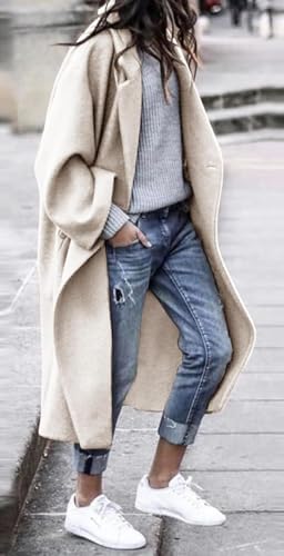 Women's Winter Pea Coat Notch Lapel Single Breasted Oversized Long Casual Wool Blend Overcoat