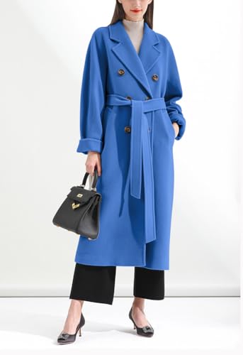 Women's Winter Double Breasted Wool Coat Business Casual Midi Long Winter Trench Coat with Belt