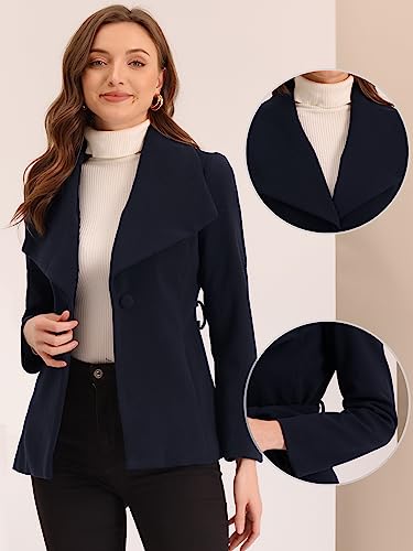 Short Pea Coat for Women's Buttoned Winter Belted Slant Pockets Shawl Lapel Collar Coats