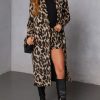 Women's Faux Suede Leopard Midi Long Trench Coat Double Breasted Notch Lapel Pea Coat Overcoat