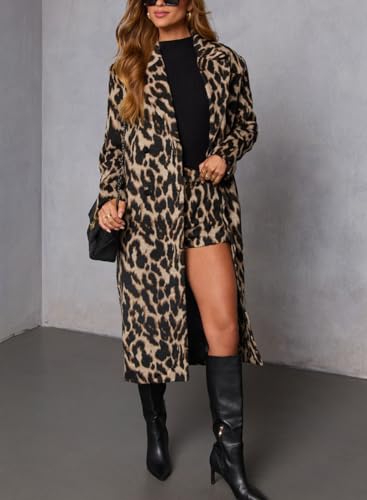 Women's Faux Suede Leopard Midi Long Trench Coat Double Breasted Notch Lapel Pea Coat Overcoat