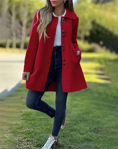 Women's Winter Casual Lapel Collared Single Breasted Wool Pea Coat Elegant Wool Blend Overcoat