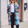 Womens Plus Size Flannel Plaid Shirts Long Sleeve Lounge Lapel Boyfriend Button Down Tartan Long Jacket Coats