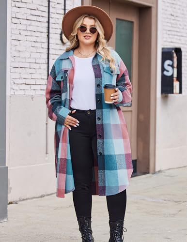 Womens Plus Size Flannel Plaid Shirts Long Sleeve Lounge Lapel Boyfriend Button Down Tartan Long Jacket Coats