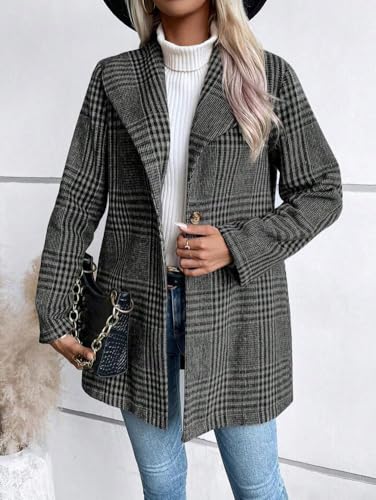 Women's Vintage Plaid Blazer Wool Coat Elegant Shawl Collar Wool Blend Trench Pea Coat