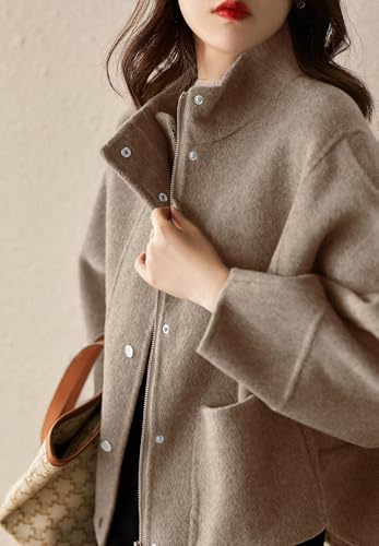 Women's Casual Stand Collar Single Breasted Short Wool Pea Coat Overcoat with Pockets