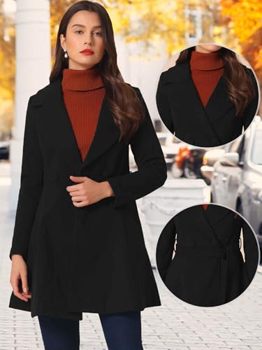Winter Pea Coats for Women Shawl Lapel Overcoat Single Breasted Belted Long Trench Coat