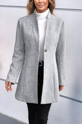 Womens Long Sleeve Casual Wool Jacket Blazer 1 Button Winter Coat Mid-Long Stand Collar Open Front Overcoat