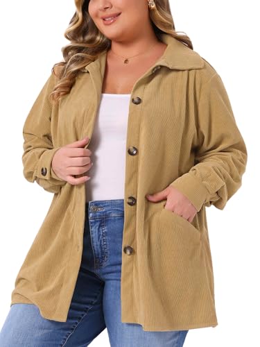 Plus Size Corduroy Shirt for Women Long Sleeve Button Down Blouses Tops Loose Shacket Jacket with Pockets