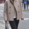 Women Winter Stand Collar Wool Blend Jacket Double Breasted Pea Coat Button Cropped Trench Coat Overcoat