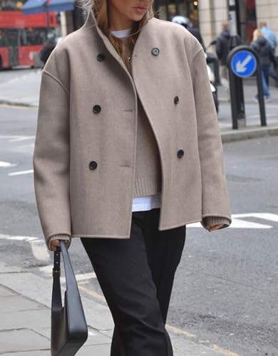 Women Winter Stand Collar Wool Blend Jacket Double Breasted Pea Coat Button Cropped Trench Coat Overcoat