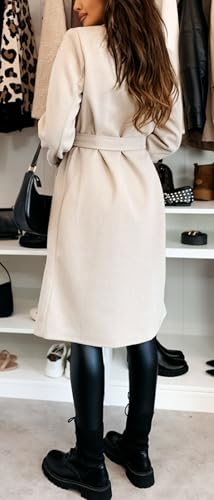 Women Long Wool Trench Pea Coat Double Breast Midi-Long Overcoat with Belt