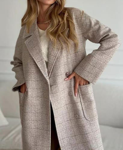 Women Long Winter Plaid Wool Coat Double Breast Trench Pea Coat Overcoat with Belt