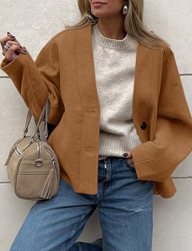 Womens Cropped Wool Blend Pea Coat Casual V Neck Button Down Short Jackets Fall Shackts with Pockets