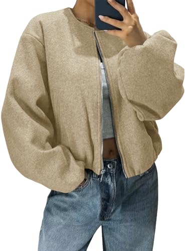 Womens Cropped Bomber Jackets Trendy Casual Collarless Pea Coat Zip Up Fall Short Jacket