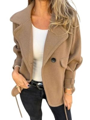 Women's Retro Lapel Double Breasted Wool Coat Business Casual Wool Blend Pea Coat Overcoat