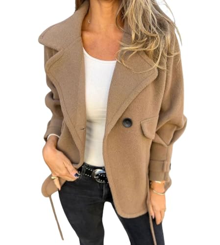 Women's Retro Lapel Double Breasted Wool Coat Business Casual Wool Blend Pea Coat Overcoat