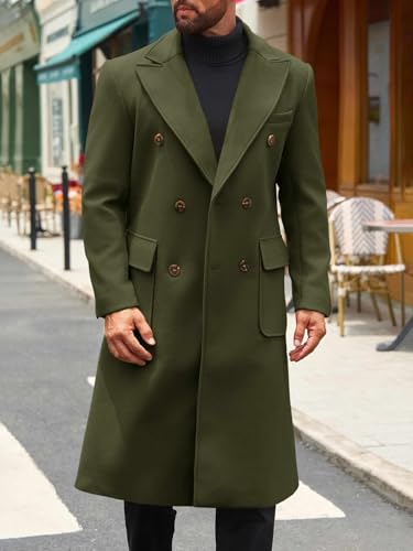 Mens Wool Blend Casual Trench Coat Notched Collar Lapel Long Jacket Double Breasted Classic Winter Overcoat