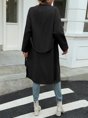 Womens Long Pea Coats Open Front Lapel Jackets Casual Belted Trench Coat Overcoats with Pockets
