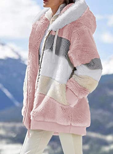 Womens 2025 Winter Fuzzy Fleece Jacket Hooded Color Block Patchwork Cardigan Coats Outerwear with Pockets