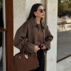 Womens Cropped Wool Jacket Warm Winter Fleece Bomber Jacket Zip Up Short Pea Coats with Pockets