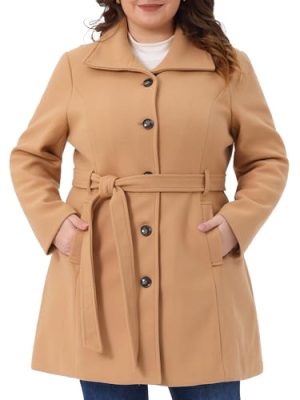 Plus Size Pea Coat for Women Lapel Long Sleeves Single Breasted Overcoat Pockets Winter Outerwear with Belt