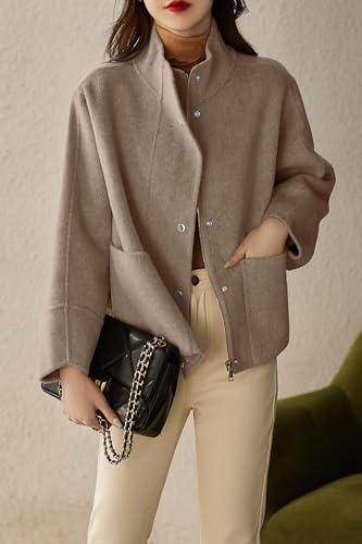 Women's Casual Stand Collar Single Breasted Short Wool Pea Coat Overcoat with Pockets