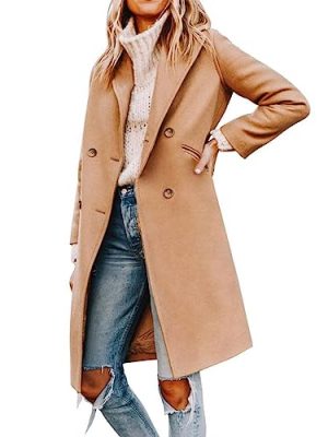 Women's Double Breasted Peacoat Wool Notched Lapel Trench Coat Winter Mid Length Long Jacket Overcoat