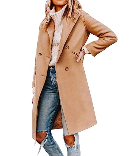 Women's Double Breasted Peacoat Wool Notched Lapel Trench Coat Winter Mid Length Long Jacket Overcoat