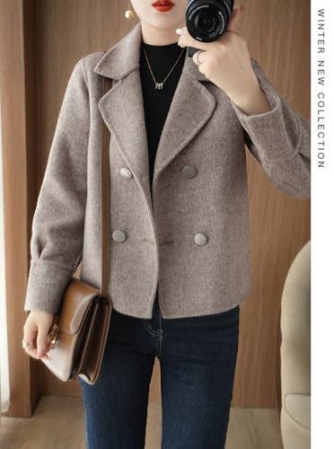 Womens Cropped Wool Coats Notched Lapel Pea Coat Short Jacket Button Down Crop Blazer Jackets