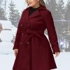 Women Plus Size Double Breasted Wool Pea Coat Notch Lapel Trench Coats Mid Long Winter Outerwear with Belt