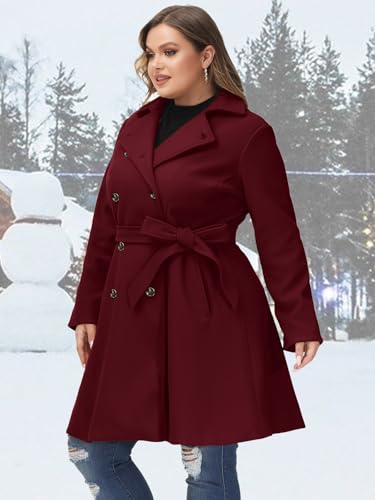 Women Plus Size Double Breasted Wool Pea Coat Notch Lapel Trench Coats Mid Long Winter Outerwear with Belt