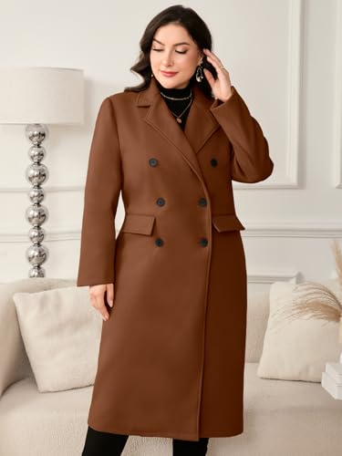 Women's Plus Size Wool Pea Coat Double Breasted Notch Lapel Collar Fall Winter Classic Long Trench Coat