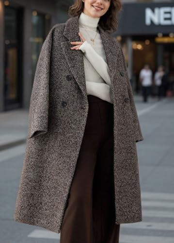 Women's Winter Herringbone Stripe Long Wool Coat Double Breasted Dressy Casual Trench Coat Overcoat
