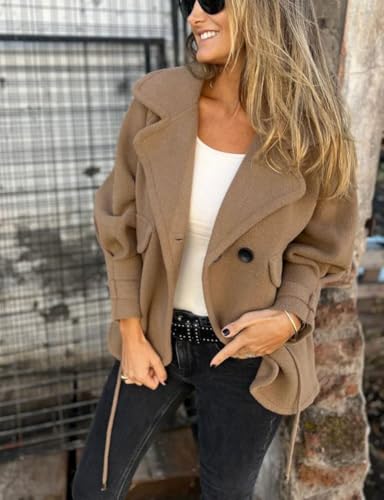 Women's Retro Lapel Double Breasted Wool Coat Business Casual Wool Blend Pea Coat Overcoat