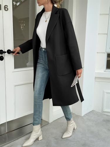 Womens Long Pea Coats Open Front Lapel Jackets Casual Belted Trench Coat Overcoats with Pockets