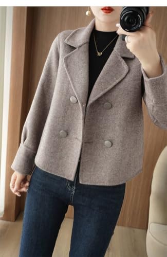 Womens Cropped Wool Coats Notched Lapel Pea Coat Short Jacket Button Down Crop Blazer Jackets