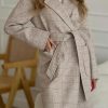 Women Long Winter Plaid Wool Coat Double Breast Trench Pea Coat Overcoat with Belt