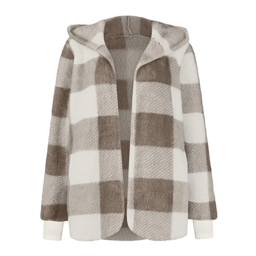Lightweight Flannel Jacket Women Fleece Plaid Oversized Open Front Cardigan Loose Fitted Shaggy Comfy Casual Hooded Coats