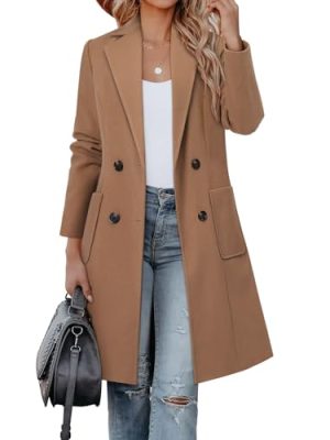 Women's Notch Lapel Double Breasted Mid Long Pea Coat Wool Blend Overcoat Winter Outwear