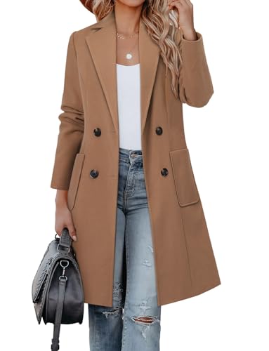 Women's Notch Lapel Double Breasted Mid Long Pea Coat Wool Blend Overcoat Winter Outwear
