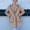 Pea Coats for Women Trendy Embroidered Contrast Trim Long Peacoat Jackets Lapel Button Winter Coat with Pockets
