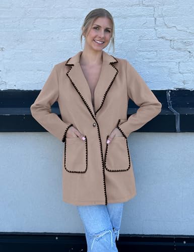 Pea Coats for Women Trendy Embroidered Contrast Trim Long Peacoat Jackets Lapel Button Winter Coat with Pockets