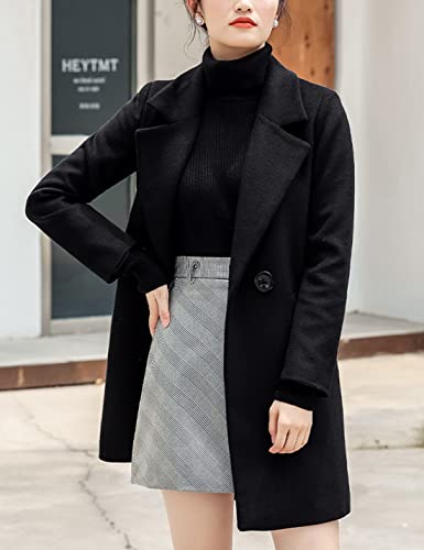 Womens Elegant Notched Collar Button Wool Blend Solid Long Pea Coat Overcoat