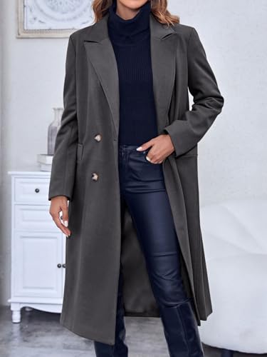 Womens Trench Coat Winter Lapel Double Breasted Long Pea Coat Casual Work Office Overcoat with Pocket