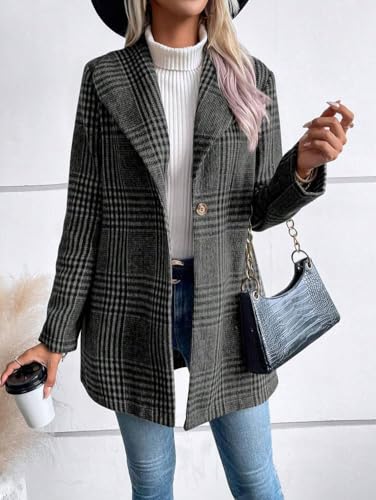 Women's Vintage Plaid Blazer Wool Coat Elegant Shawl Collar Wool Blend Trench Pea Coat