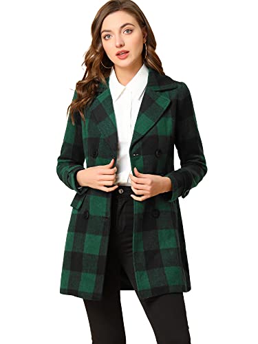 Women's 2025 Winter Notched Lapel Pea Coat Classic Buffalo Checks Double Breasted Plaid Coat