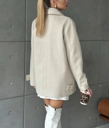 Women's Herringbone Double Breasted Wool Coat Notched Lapel Work Casual Wool Blend Trench Pea Coat Jacket
