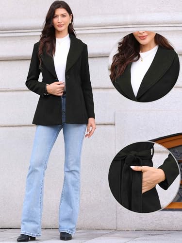 Pea Coats for Women Lapel Collar One Button Winter Overcoat with Belt Trench Coat